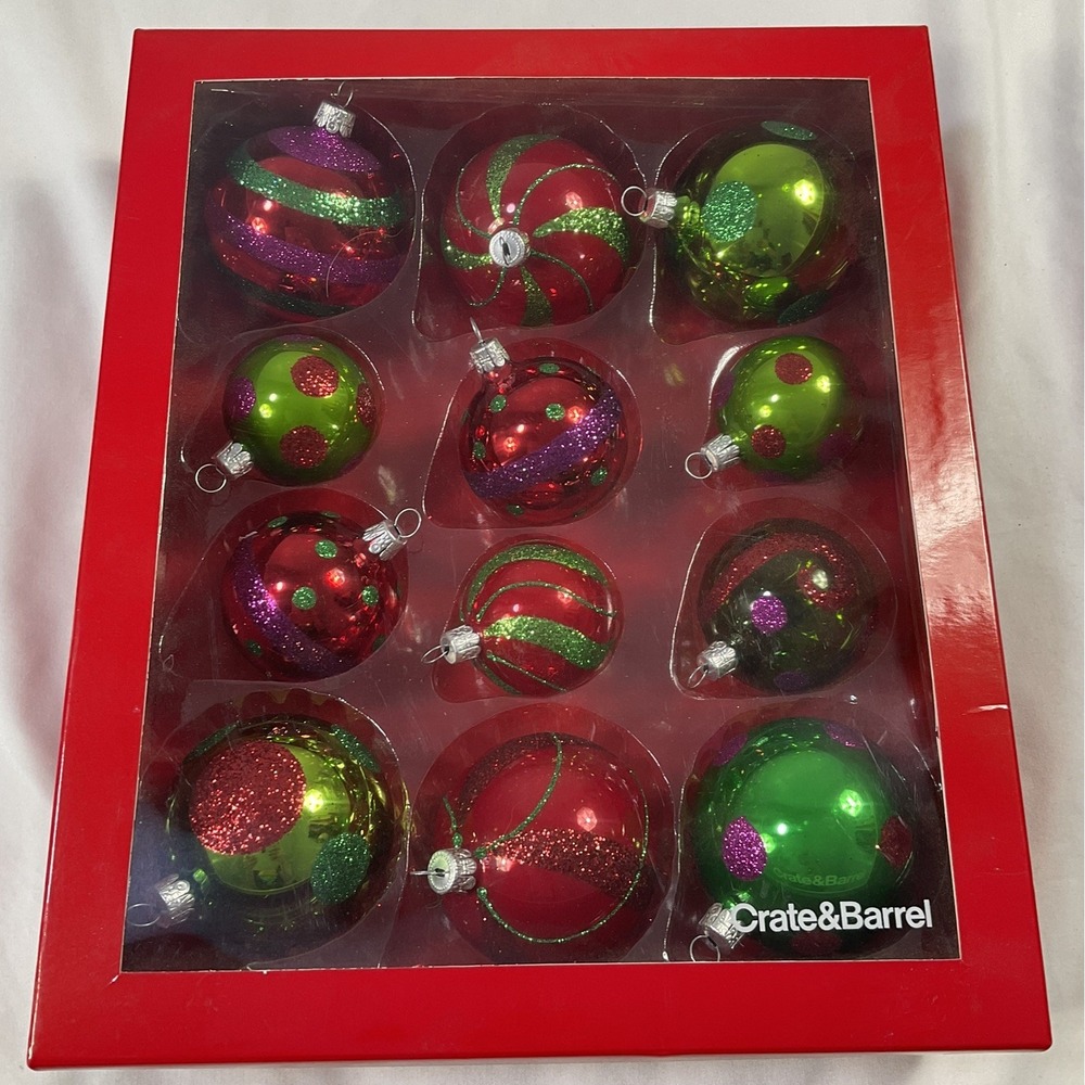 Crate and Barrel Christmas Glass Ball Ornament Set 12 Red & Green w Glitter 2011
